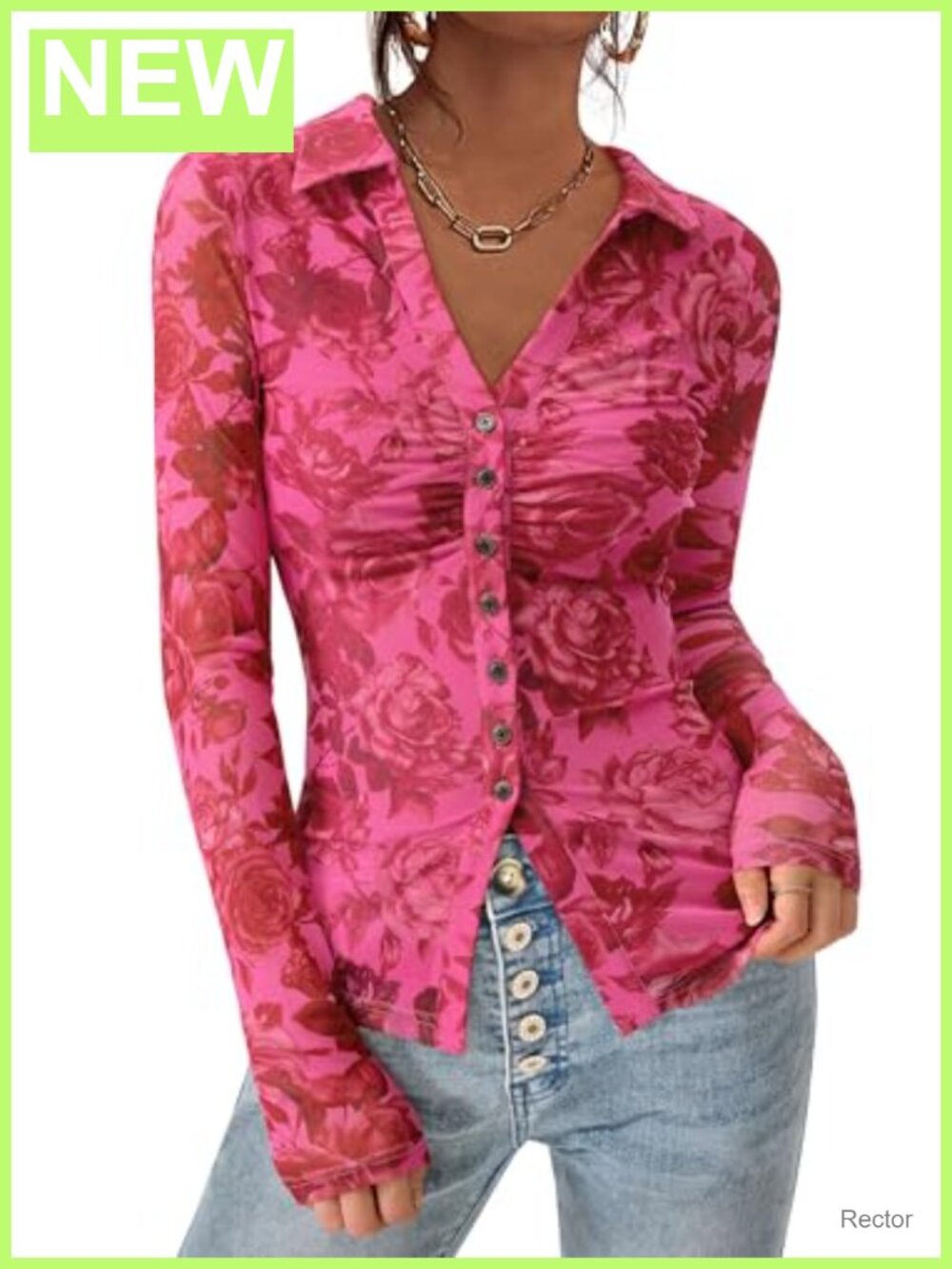 Women's Floral Mesh Button Down Blouse V-Neck Long Sleeve Top